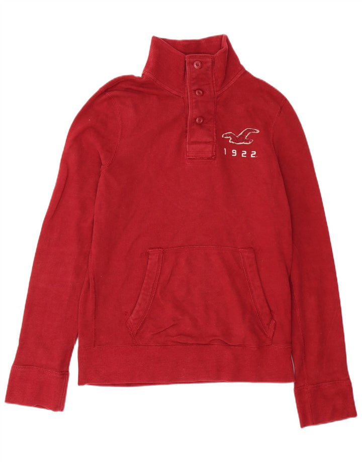 Hollister Herren-Sweatshirt mit grafischem Knopfkragen, mittelrote Baumwolle