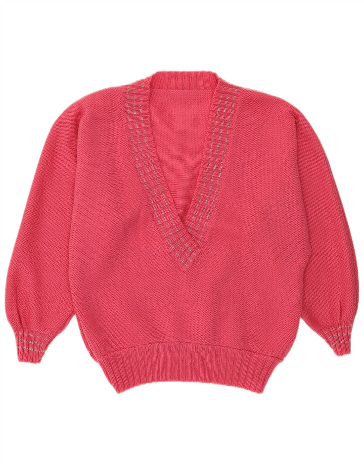 VINTAGE Damen Pullover mit V-Ausschnitt UK 14 Mittelrosa