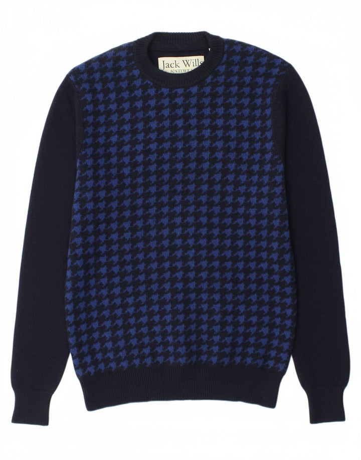 JACK WILLS Mens Crew Neck Jumper Sweater Small Navy Blue Houndstooth