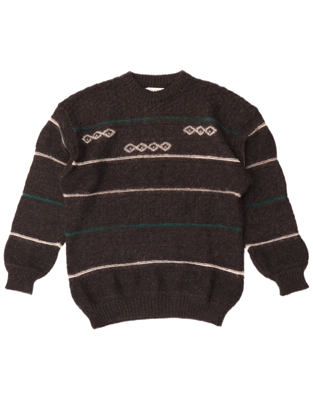 Vintage Herren-Pullover mit Rundhalsausschnitt, mittelgrau, gestreift, Wolle