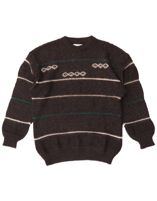Vintage Herren-Pullover mit Rundhalsausschnitt, mittelgrau, gestreift, Wolle