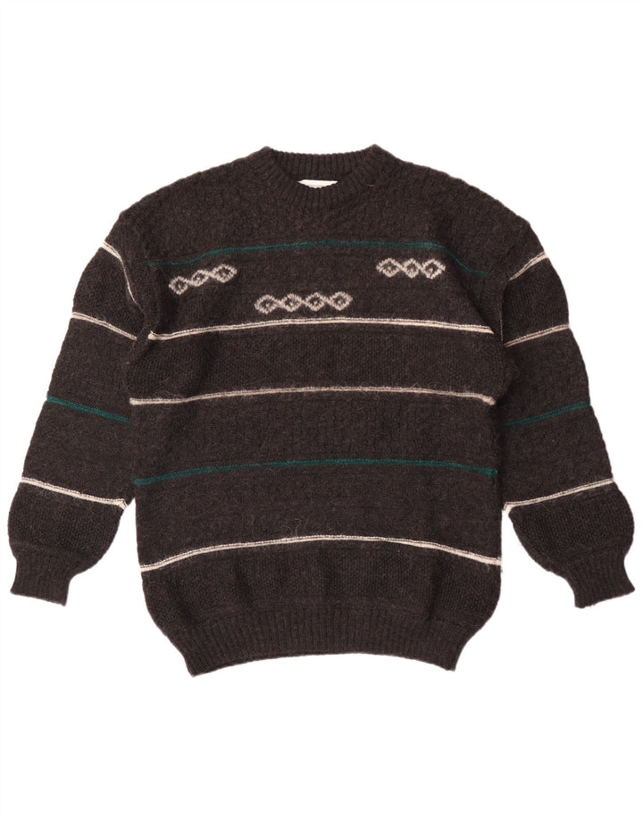Vintage Herren-Pullover mit Rundhalsausschnitt, mittelgrau, gestreift, Wolle