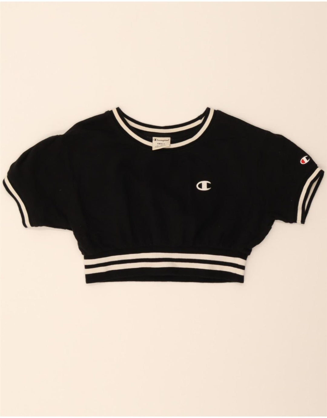 CHAMPION Womens Crop Short Sleeve Sweatshirt Jumper UK 8 Small Black Vintage Champion and Second-Hand Champion from Messina Hembry 
