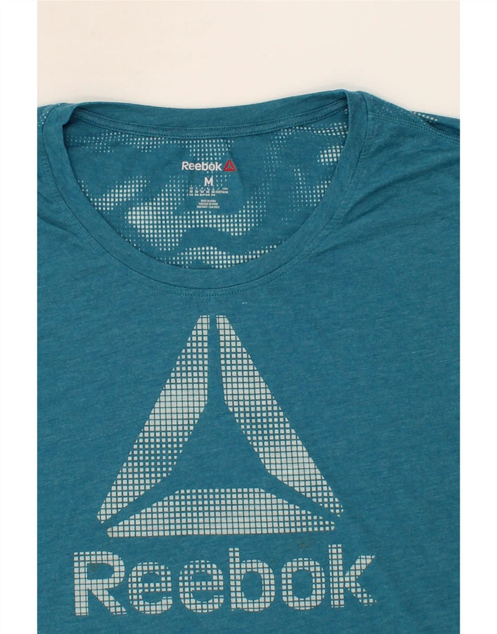 REEBOK Womens Graphic T-Shirt Top UK 12/14 Medium Turquoise Polyester Vintage Reebok and Second-Hand Reebok from Messina Hembry 