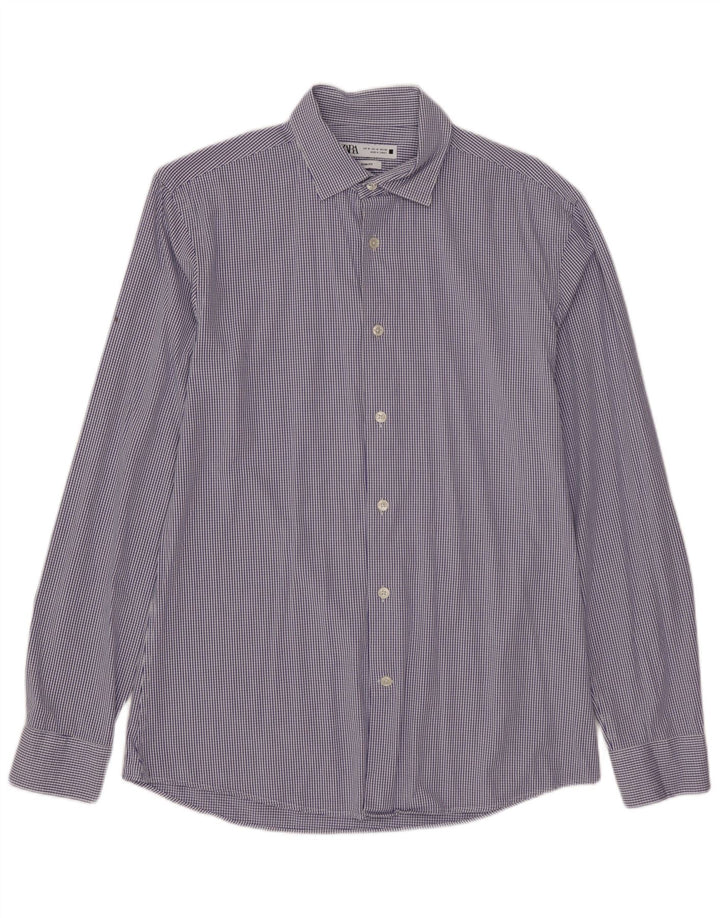 ZARA Herren-Slim-Fit-Hemd aus mittelblauer Karo-Baumwolle