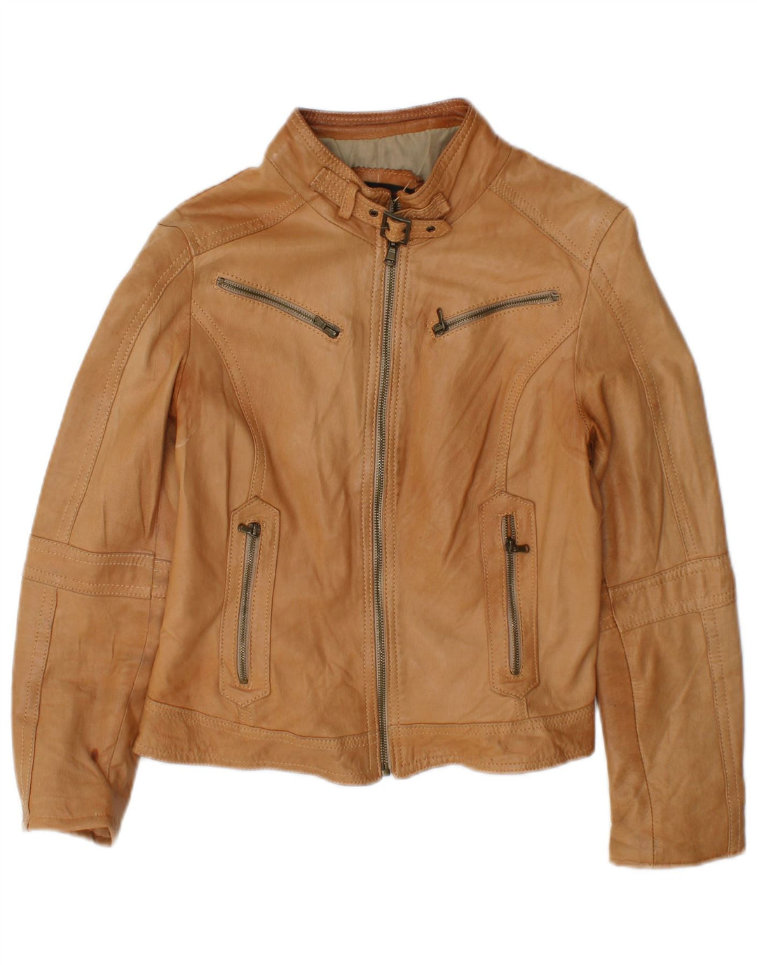 Sandro Ferrone Damen Crop Lederjacke UK 14 Großes braunes Leder
