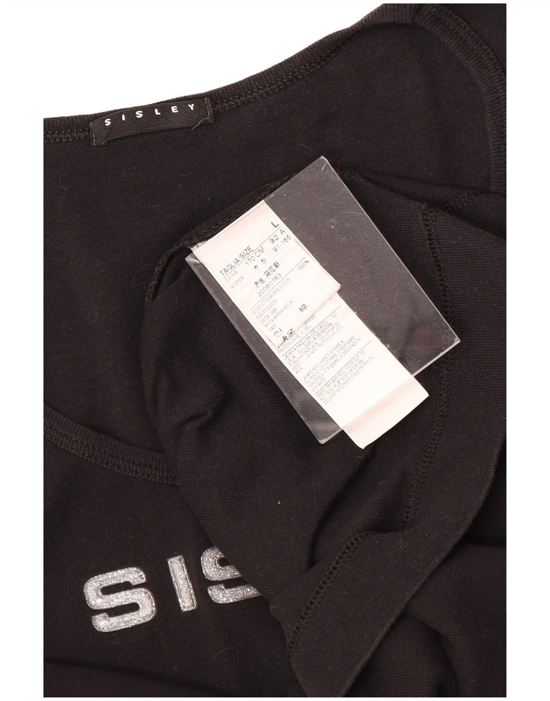 SISLEY Damen Grafik-T-Shirt-Oberteil UK 14 Große schwarze Baumwolle