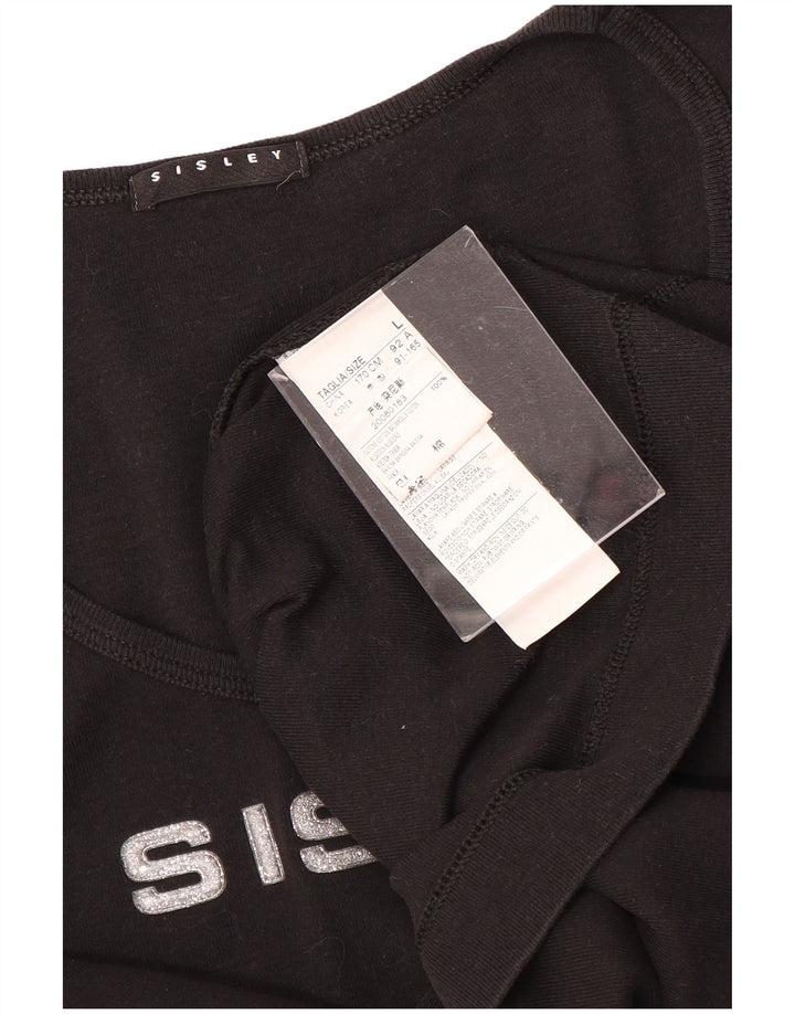 SISLEY Damen Grafik-T-Shirt-Oberteil UK 14 Große schwarze Baumwolle