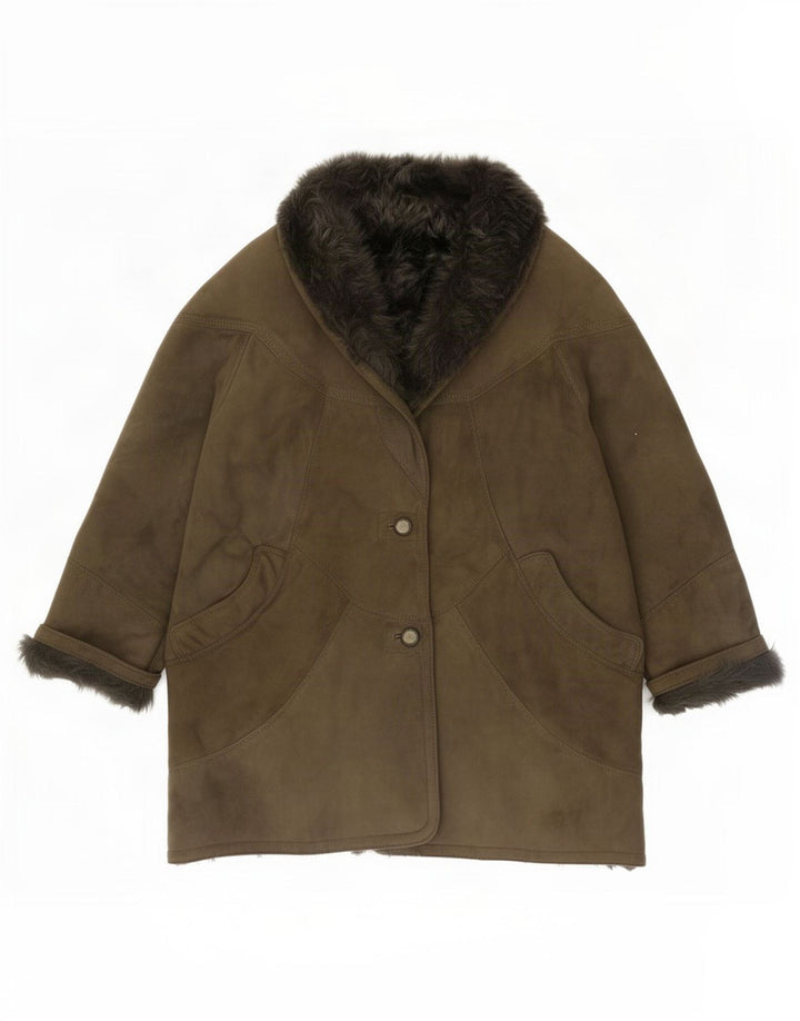 Vintage Damen Übergroßer Lammfellmantel EU 46 XL Khaki