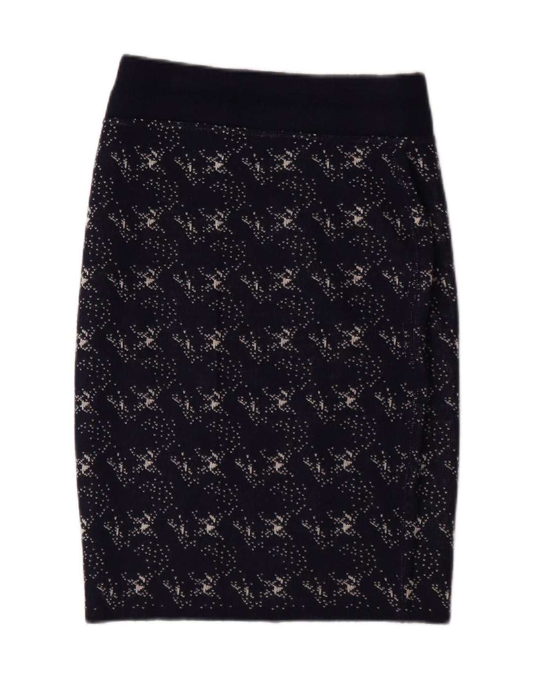 KOOKAI Womens Abstract Pattern Straight Skirt W24 XS Navy Blue Wool Vintage Kookai and Second-Hand Kookai from Messina Hembry 