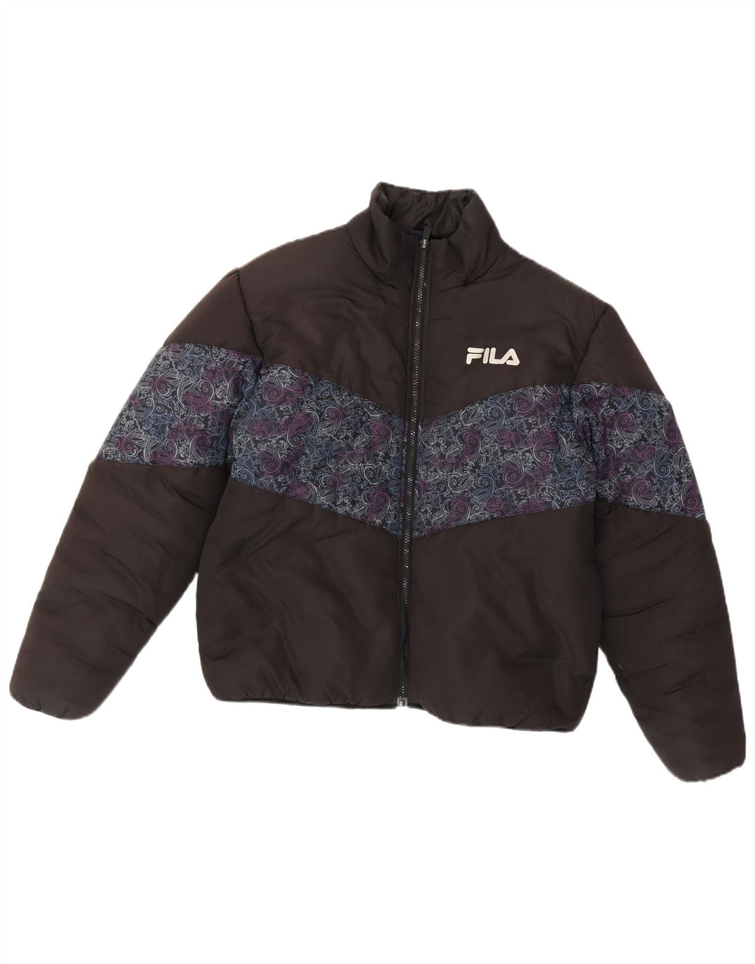 Fila Damen Loose Fit Wattierte Jacke UK 14 Mittelschwarzes Paisley-Polyester