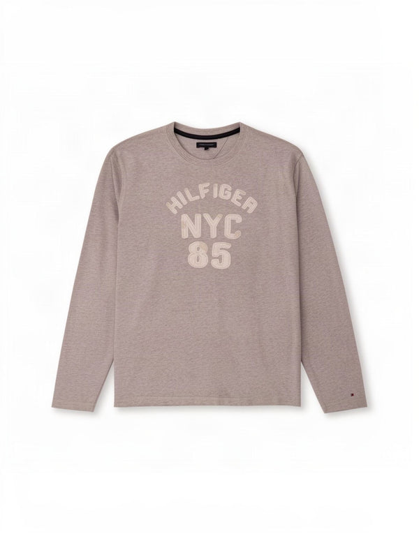Tommy Hilfiger Jungen-Oberteil mit Grafik, langärmlig, 15–16 Jahre, grau gefleckte Baumwolle