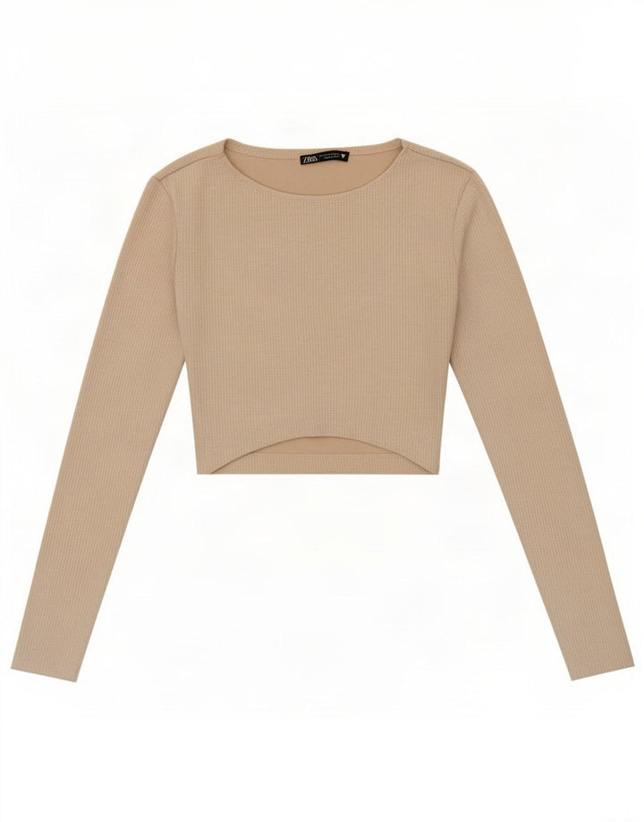 Zara Damen Crop Top Langarm UK 8 Small Beige Polyester
