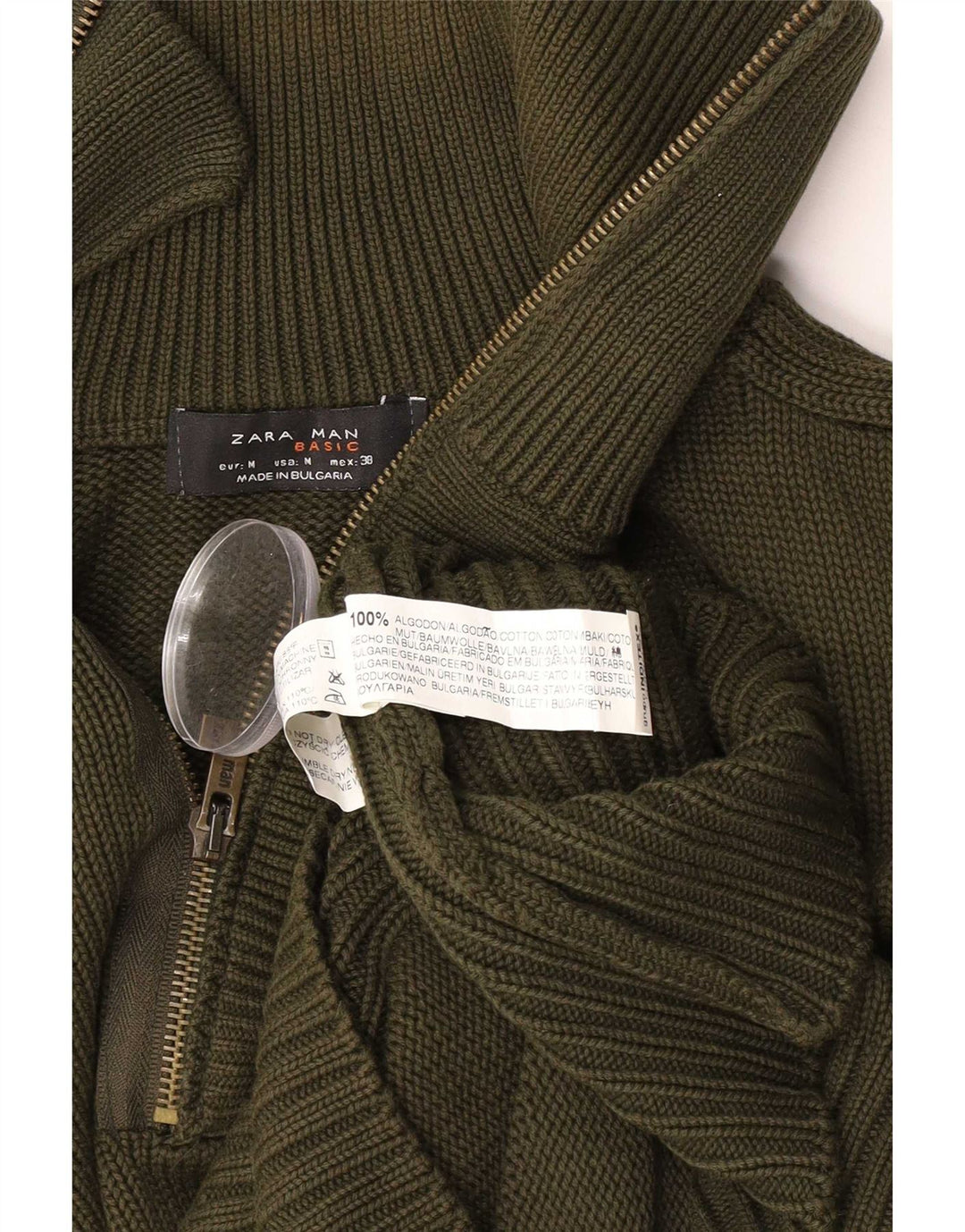 Zara Herren-Pullover mit Reißverschluss am Hals, mittelgrüne Baumwolle