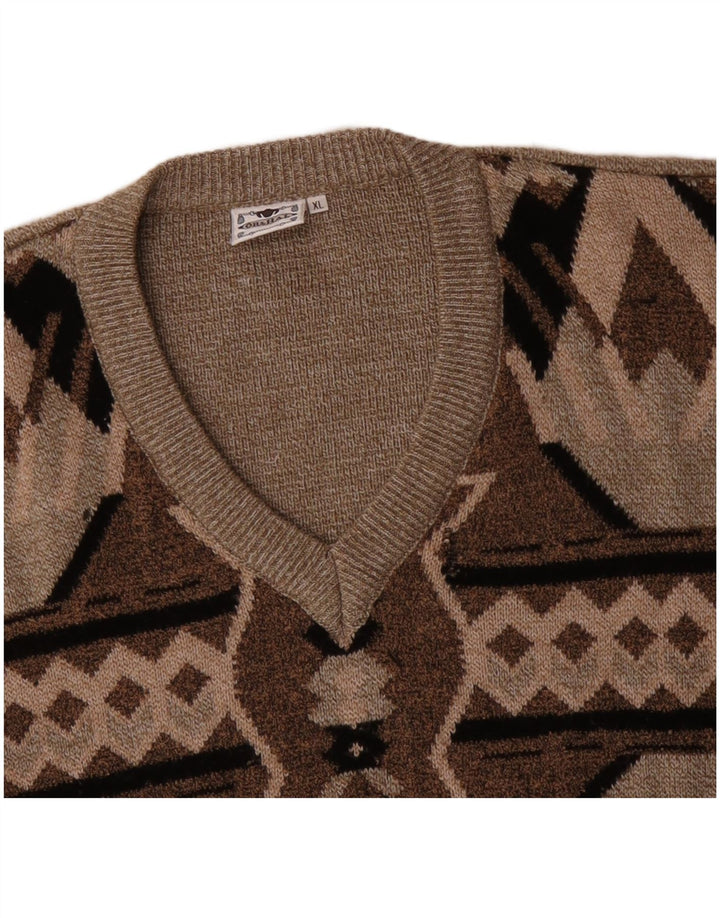 VINTAGE Herren Pullover mit V-Ausschnitt XL Braun Geometrisch