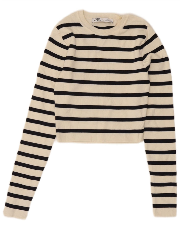 Zara Damen Crop Top Langarm UK 8 Small Weiß gestreifte Viskose