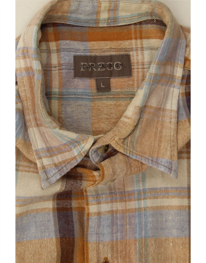 PREGO Mens Short Sleeve Shirt Large Brown Check Cotton Vintage Prego and Second-Hand Prego from Messina Hembry 