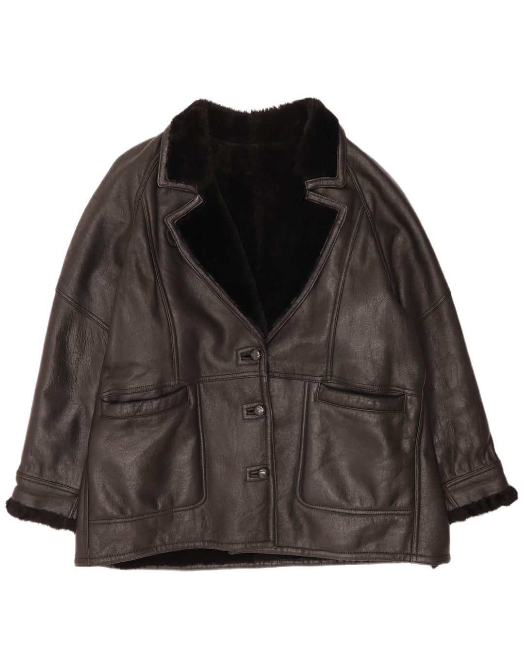 Vintage Damen Loose Fit Shearling Jacke EU 48 2XL Schwarz Klassisch