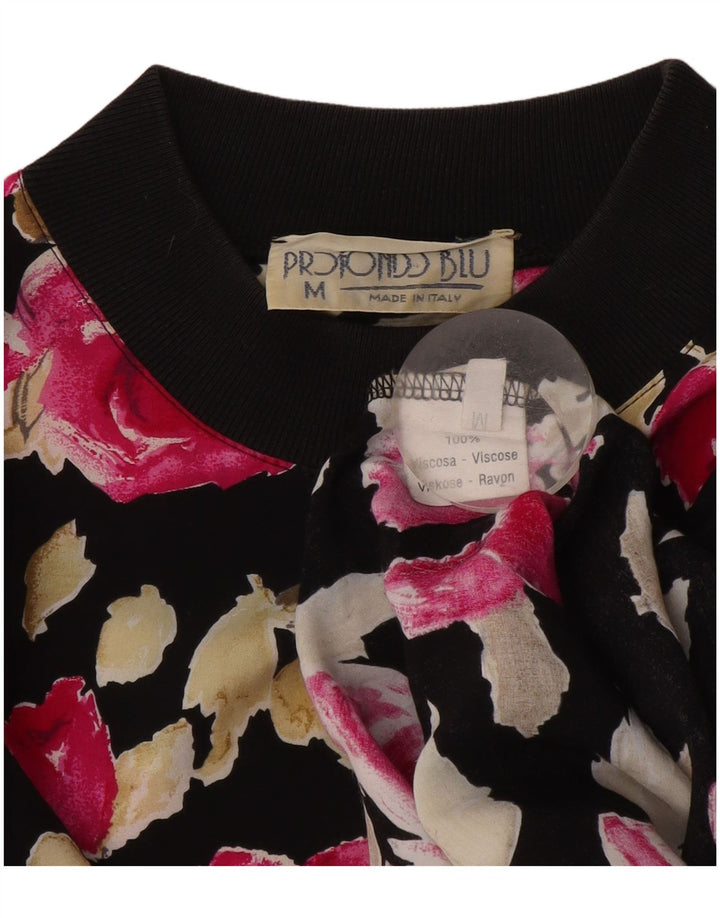 Vintage Damen Top Langarm UK 14 Medium Schwarz Floral Viskose