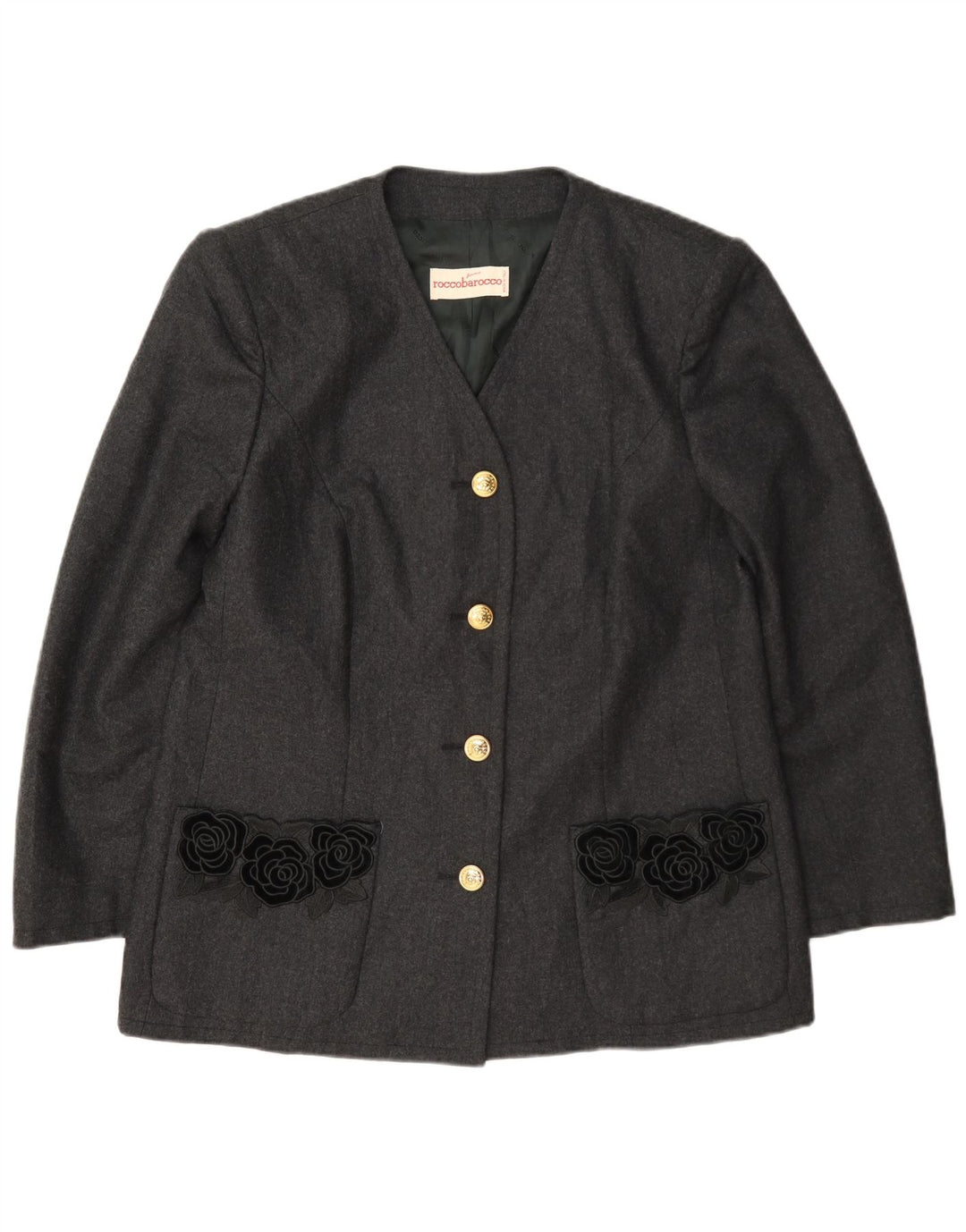 Roccobarocco Damen-Blazerjacke mit 4 Knöpfen, UK 14, mittelgraue, geblümte Wolle