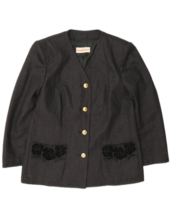 Roccobarocco Damen-Blazerjacke mit 4 Knöpfen, UK 14, mittelgraue, geblümte Wolle