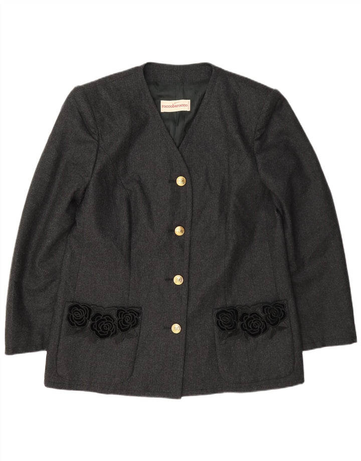 Roccobarocco Damen-Blazerjacke mit 4 Knöpfen, UK 14, mittelgraue, geblümte Wolle