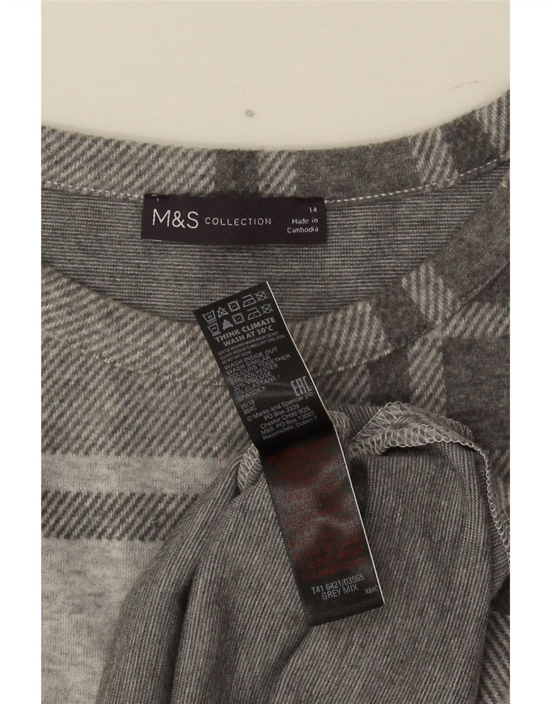 Marks & Spencer Damen Top Langarm UK 14 Large Grau kariertes Polyester