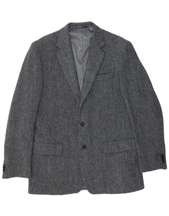 Harris Tweed Herren-Blazer mit 2 Knöpfen, UK 40, großes blaues Fischgrätenmuster