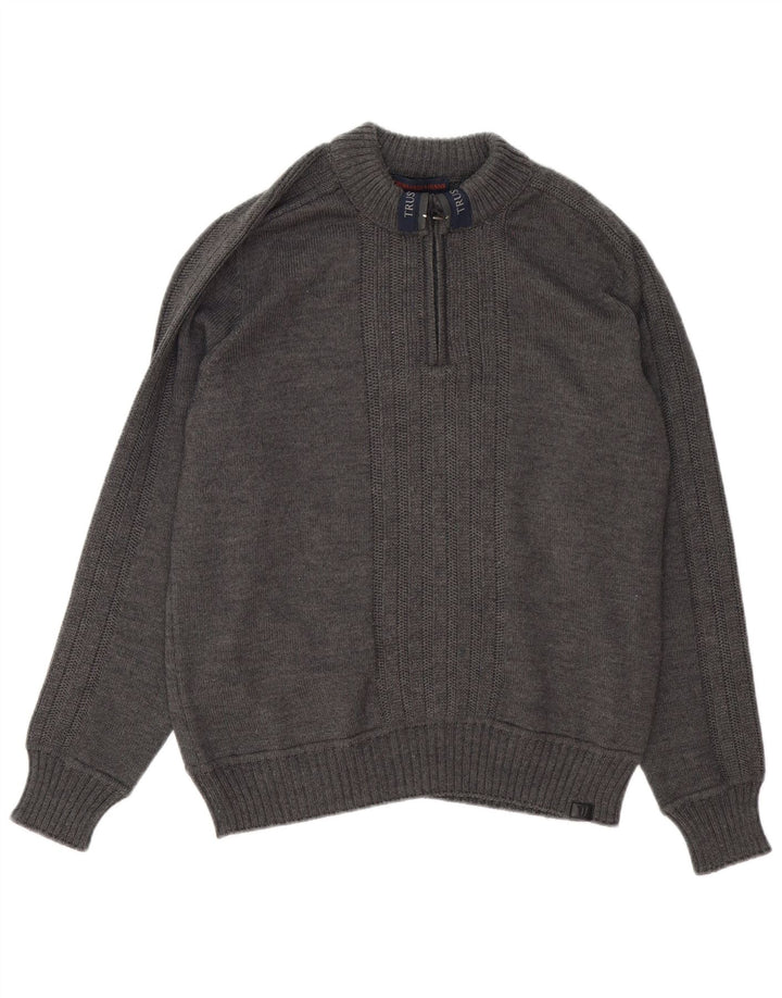 Trussardi Jeans Herren-Pullover mit Reißverschluss am Hals, mittelgraue Wolle