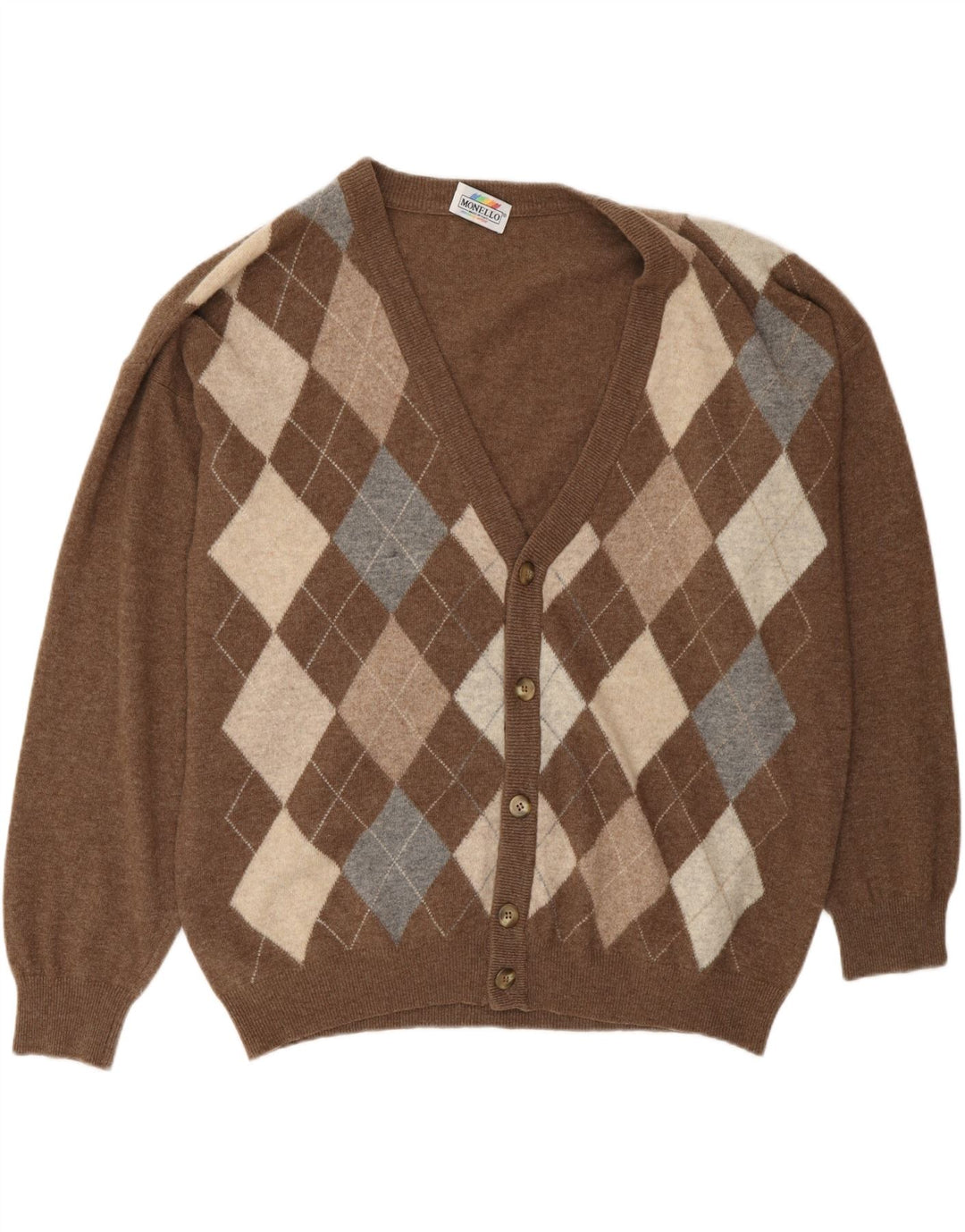MONELLO Herren-Cardigan-Pullover IT 52 Große braune Argyle-/Diamantwolle