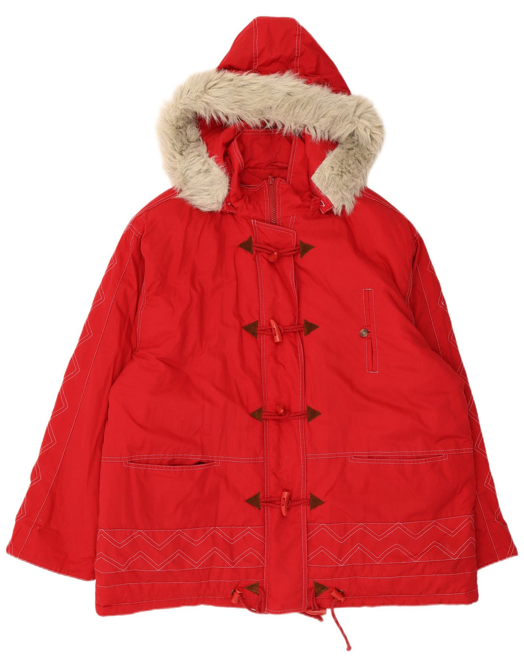 Vintage Damen Parka mit Kapuze, UK 24 4XL, rotes Chevron-Polyester