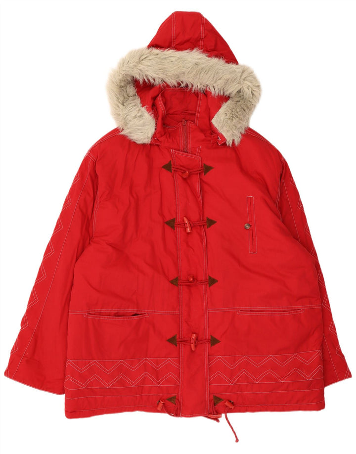 Vintage Damen Parka mit Kapuze, UK 24 4XL, rotes Chevron-Polyester