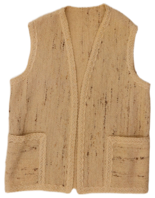 VINTAGE Ärmelloser offener Damen-Cardigan-Pullover UK 16 Large Beige Flecked