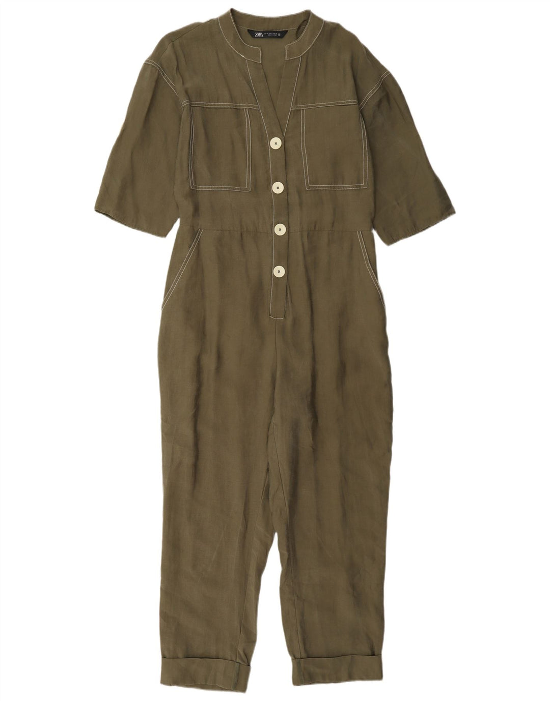 Kurzärmliger Overall von Zara für Damen, UK 10, Größe S, Khaki, Lyocell