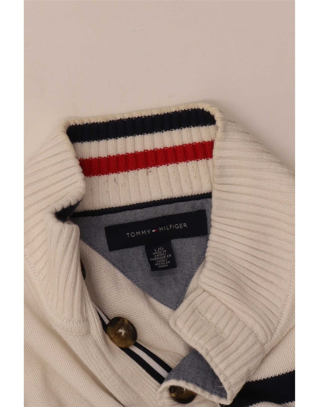 Tommy Hilfiger Herren-Pullover mit Knopfkragen, groß, weiß gestreift