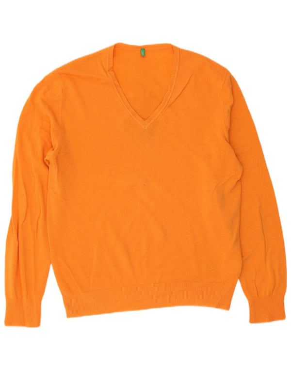 Benetton Herren V-Ausschnitt Pullover Pullover XL Orange Schurwolle