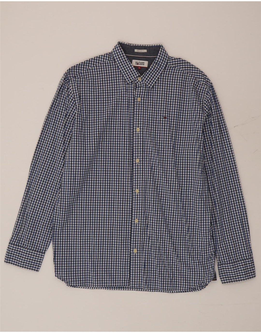 Tommy Hilfiger Herren-Hemd mit normaler Passform, XL, blaue Gingham-Baumwolle