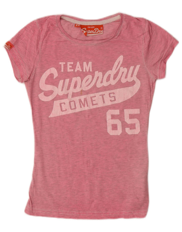 Superdry Damen Grafik-T-Shirt-Oberteil UK 6 XS Rosa gefleckte Baumwolle