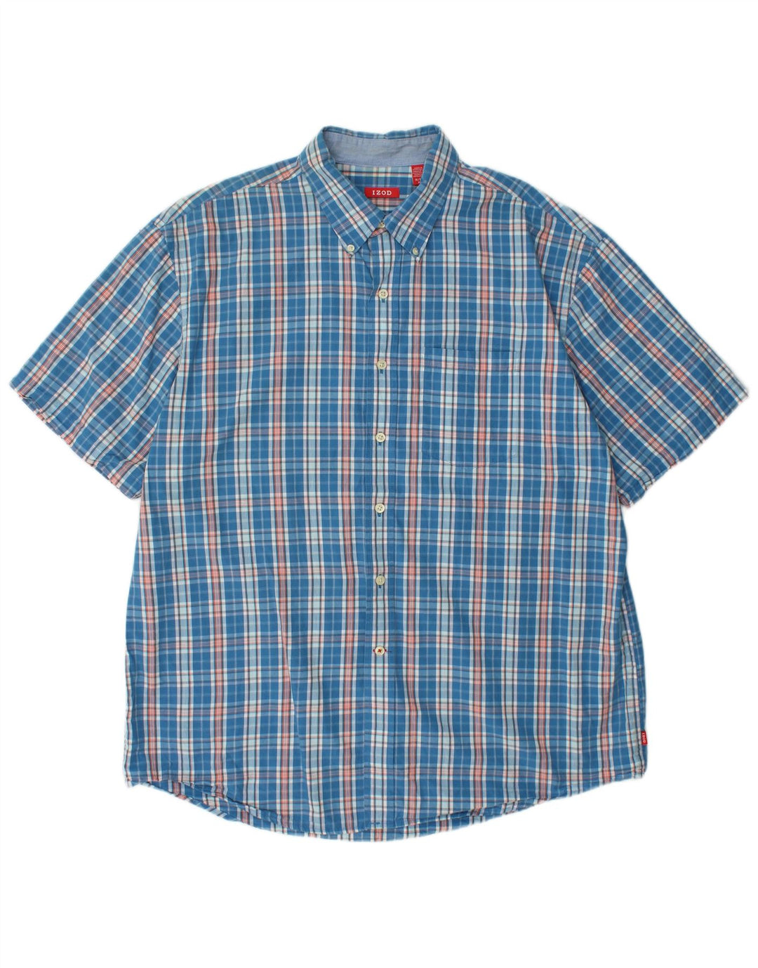 IZOD Mens Short Sleeve Shirt XL Blue Check Cotton