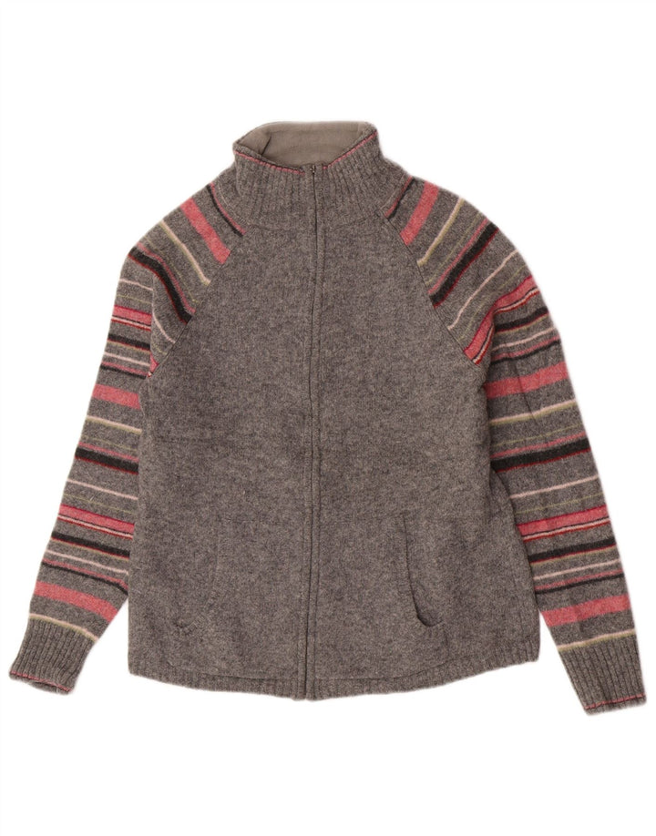 Eddie Bauer Damen-Cardigan-Pullover UK 12 Mittelgrau gestreifte Lammwolle