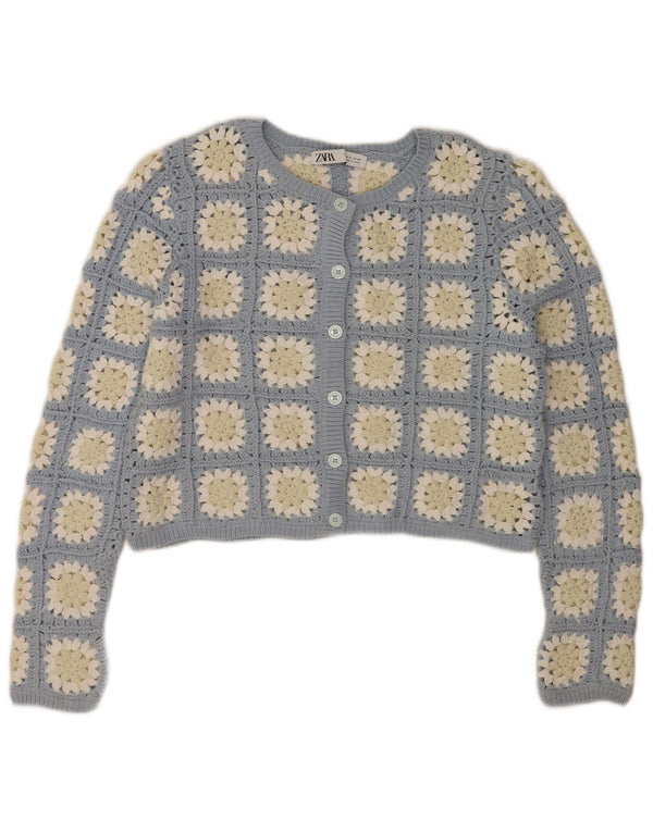 Zara Damen Crop Crochet Cardigan Pullover UK 14 Mittelblau geblümt