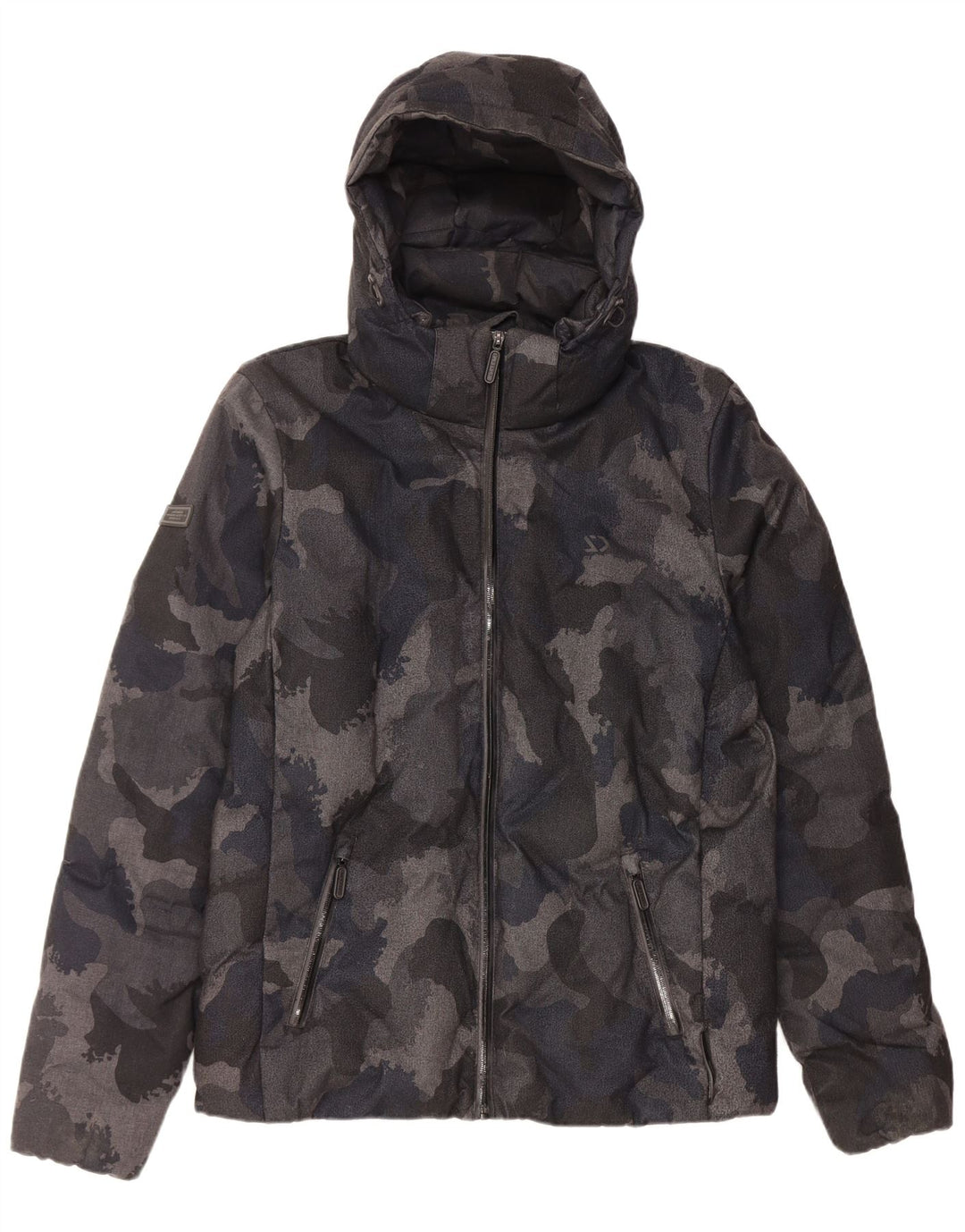 Superdry Herren-Jacke mit Kapuze, gepolstert, UK 38, Mittelschwarzes Camouflage-Polyester