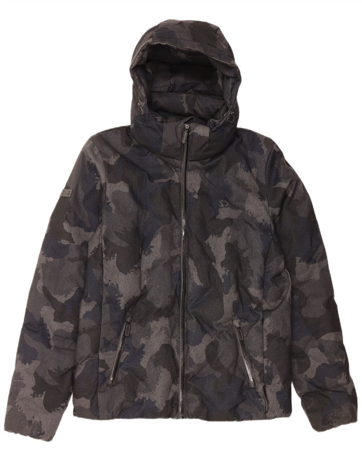 Superdry Herren-Jacke mit Kapuze, gepolstert, UK 38, Mittelschwarzes Camouflage-Polyester