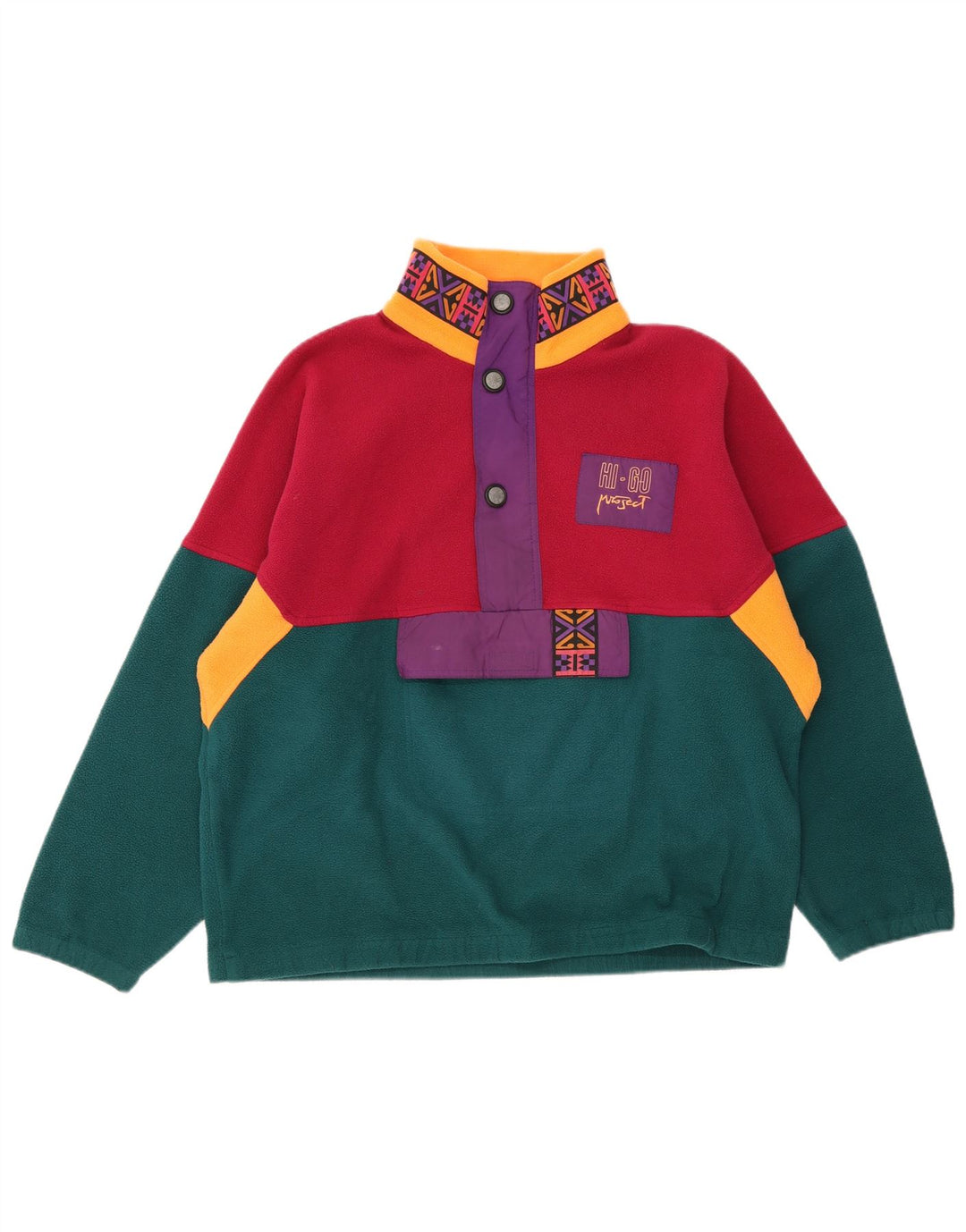 Vintage Herren-Fleecepullover mit Knopfkragen, groß, mehrfarbig, Farbblock