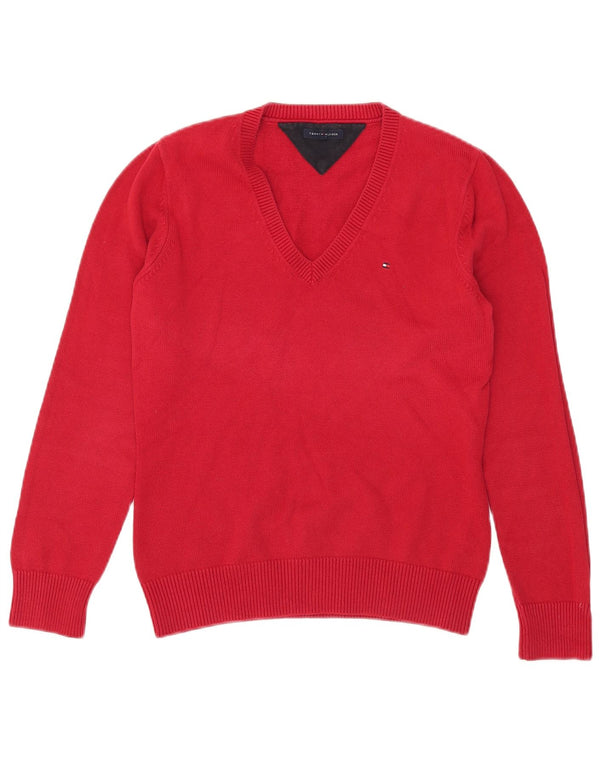 Tommy Hilfiger Damen-Pullover mit V-Ausschnitt, UK 14, Größe L, rot, Baumwolle