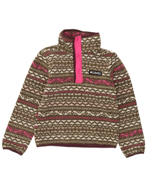 Columbia Mädchen-Fleecepullover mit Knopfkragen, 7–8 Jahre, Größe S, Khaki, Fair Isle