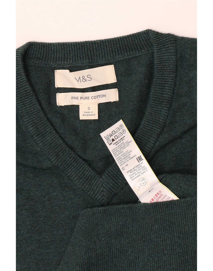 Marks & Spencer Herren-Pullover mit V-Ausschnitt, Größe S, grüne Baumwolle