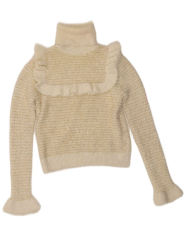 Zara Damen-Pullover mit Rüschen vorne und Rollkragen, Gr. 10, klein, weiß gestreift