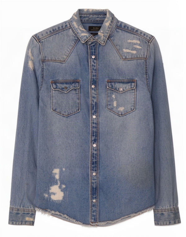 Zara Herren Jeanshemd im Distressed-Look, entspannte Passform, klein, aus blauer Baumwolle