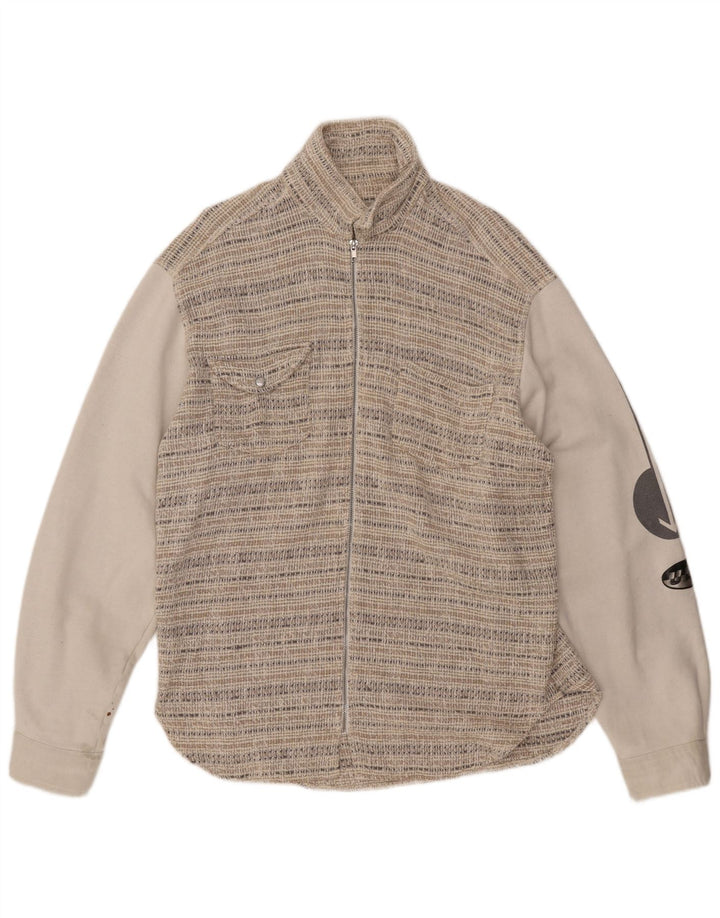 VINTAGE Grafische Herren-Bomberjacke UK 44 2XL Beige gestreifte Wolle